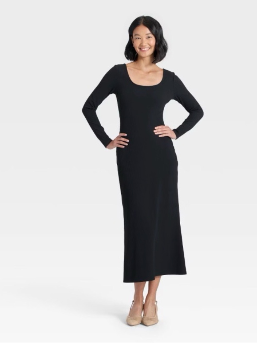 a new day Black Long-Sleeve Midi Scoopneck Dress